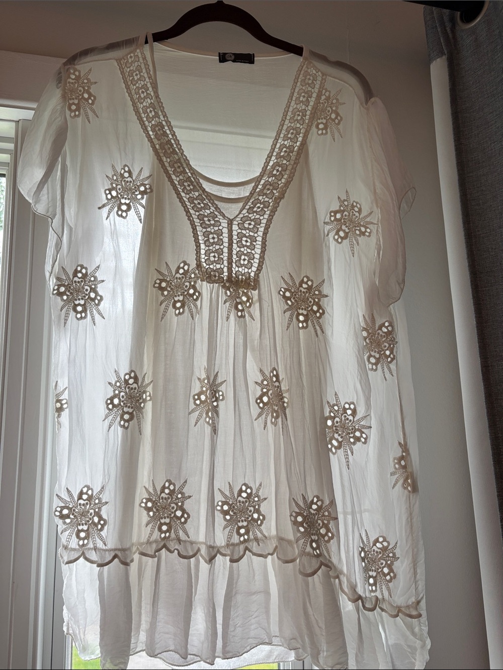 White Sheer Embroidered V-Neck Women’s Tunic Top - one size